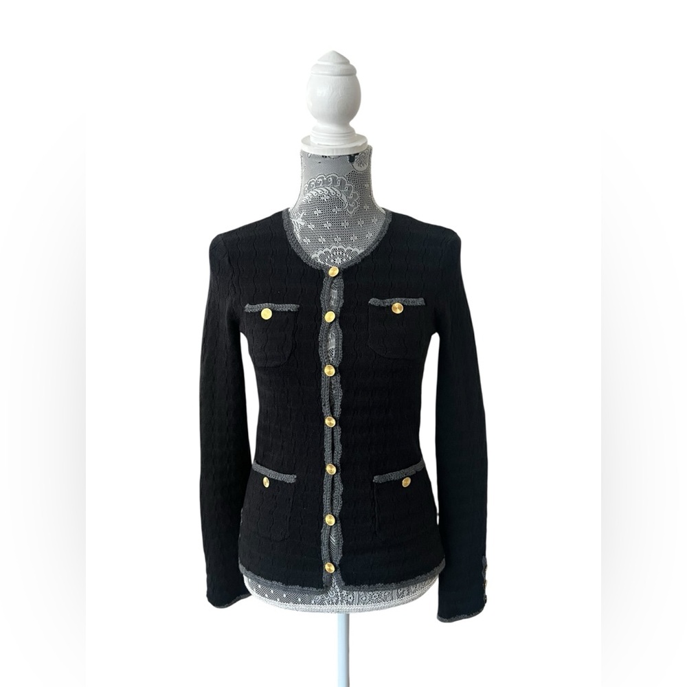 Trina Turk Black Knit Cardigan Gold Button Trim Size Small